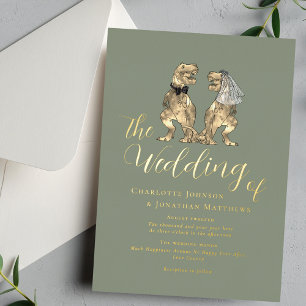 Invitation En Aluminium Mariage de Dinosaures Élégant Vert Sauge Or