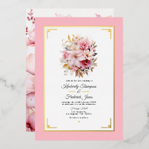 Invitation En Aluminium Mariage de fleurs rose et or