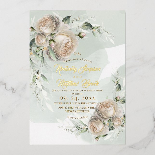 Invitation En Aluminium Mariage de la végétation sage rose blanche (Recto)