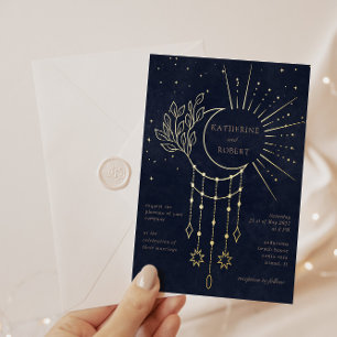 Invitation En Aluminium Mariage de lune des étoiles d'or céleste de minuit