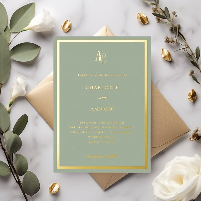 Invitation En Aluminium Mariage de luxe avec monogramme or et vert sauge (Créateur téléchargé)