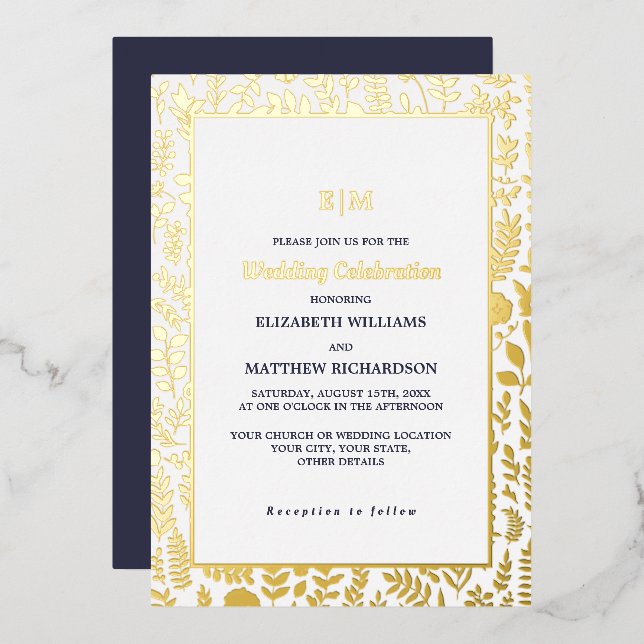 Invitation En Aluminium Mariage de luxe élégant en or bleu marine (Recto/Verso)
