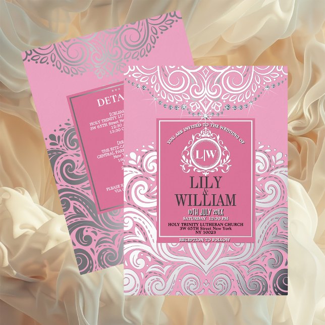 Invitation En Aluminium Mariage de monogramme de diamant d'ArtDeco rose (Luxurious Elegant Classic Boho Wedding Invitation - Real Foil and Monogram)