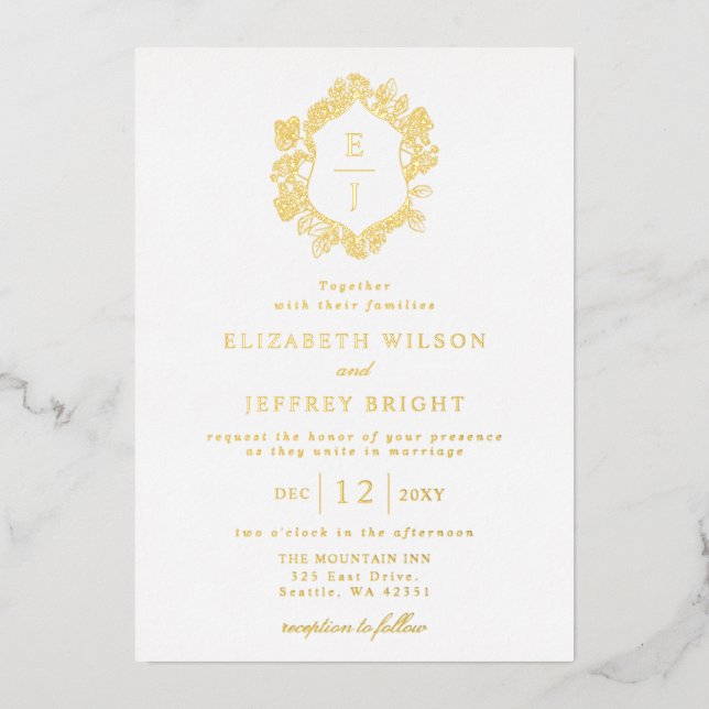 Invitation En Aluminium Mariage de monogramme Floral Crest (Recto)