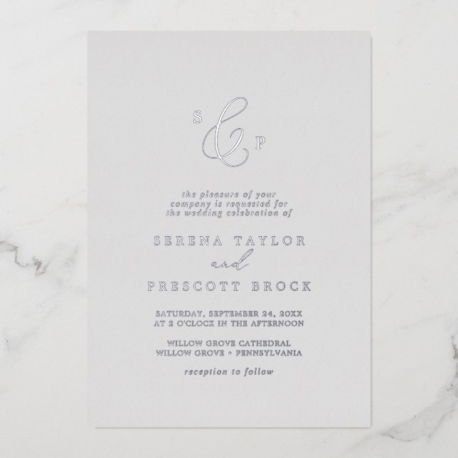 Invitation En Aluminium Mariage de monogramme officiel en gris argenté (Recto)