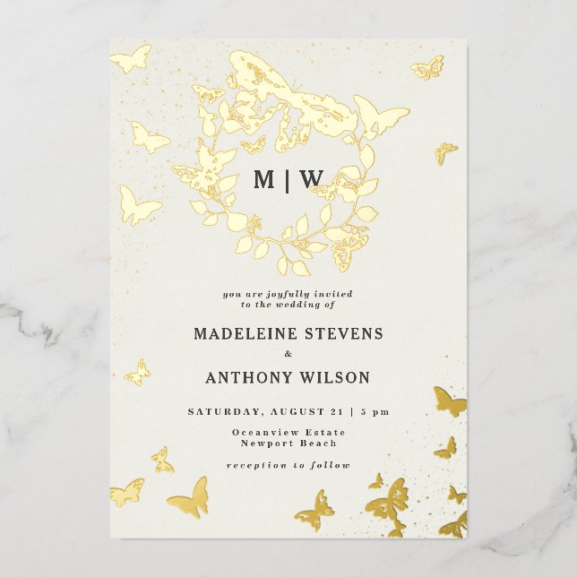 Invitation En Aluminium Mariage de monogrammes d'or de la crête de papillo (Recto)