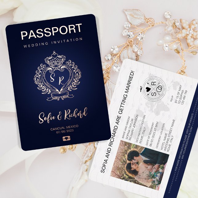 Invitation En Aluminium Mariage de passeport Destination Gold Crest Monogr (rose gold crest on navy blue passport invitation)
