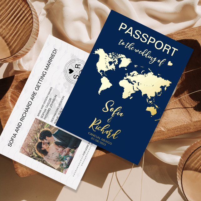 Invitation En Aluminium Mariage de passeport Destination Gold Foil World C (Créateur téléchargé)