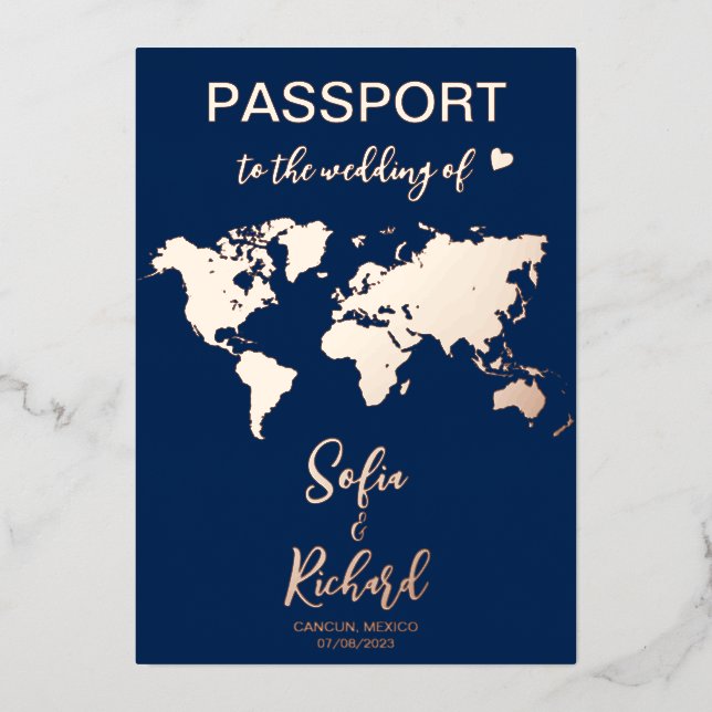 Invitation En Aluminium Mariage de passeport Destination Gold Foil World C (Recto)