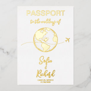Invitation En Aluminium Mariage de passeport Destination Gold Foil World C