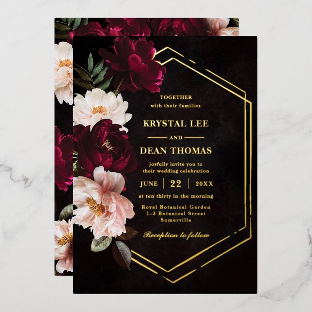 Invitation En Aluminium Mariage de pivoines florales roses Bourgogne lunat (Recto/Verso)