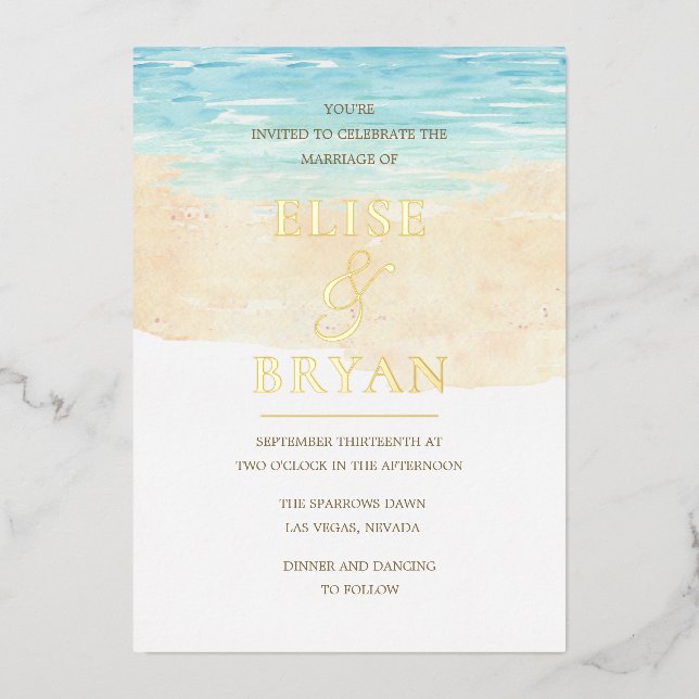 Invitation En Aluminium Mariage de plage à l'aquarelle moderne avec feuill (Recto)