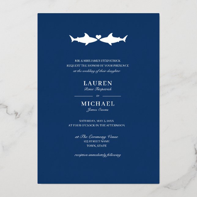 Invitation En Aluminium Mariage de requin en feuille d'argent (Recto)