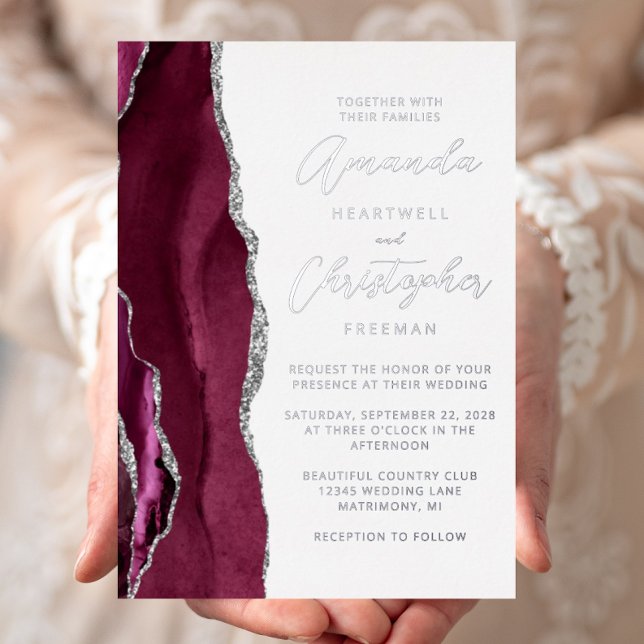 Invitation En Aluminium Mariage de script Agate Burgundy Silver (Créateur téléchargé)