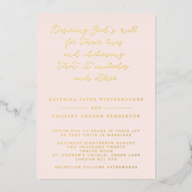 Invitation En Aluminium Mariage de script chrétien Blush & Gold (Recto)