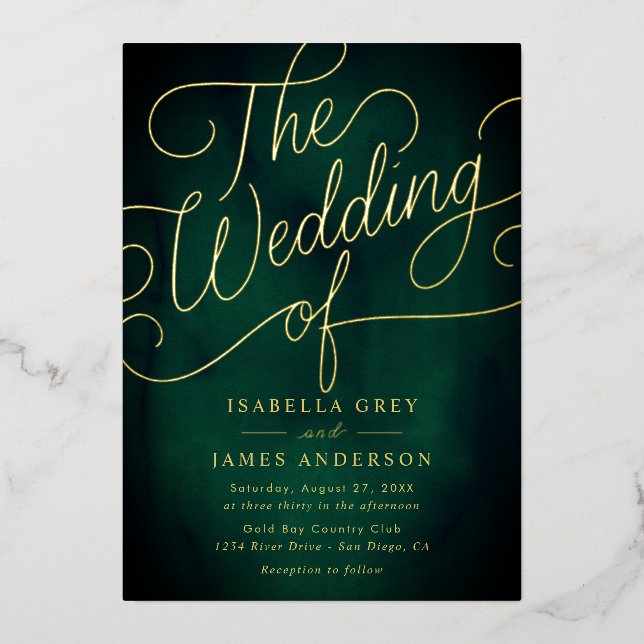 Invitation En Aluminium Mariage de script de calligraphie Emerald Gold (Recto)