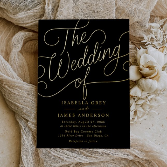 Invitation En Aluminium Mariage de script de calligraphie noir or (Créateur téléchargé)