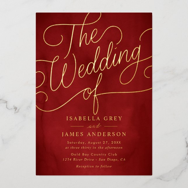 Invitation En Aluminium Mariage de script de calligraphie rouge or (Recto)