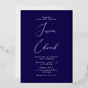 Invitation En Aluminium Mariage de script élégant Marine & Silver Foil