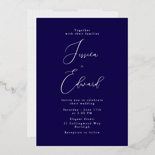 Invitation En Aluminium Mariage de script élégant Marine & Silver Foil (Enveloppe)