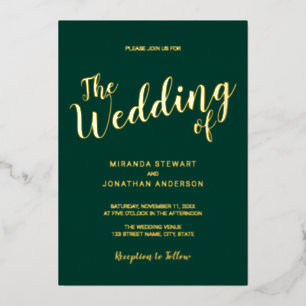 Invitation En Aluminium Mariage de script moderne Emerald and Gold