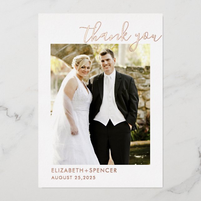 Invitation En Aluminium Mariage de script moderne Merci photo Rose or (Recto)