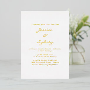 Invitation En Aluminium Mariage de script moderne minimaliste blanc et or