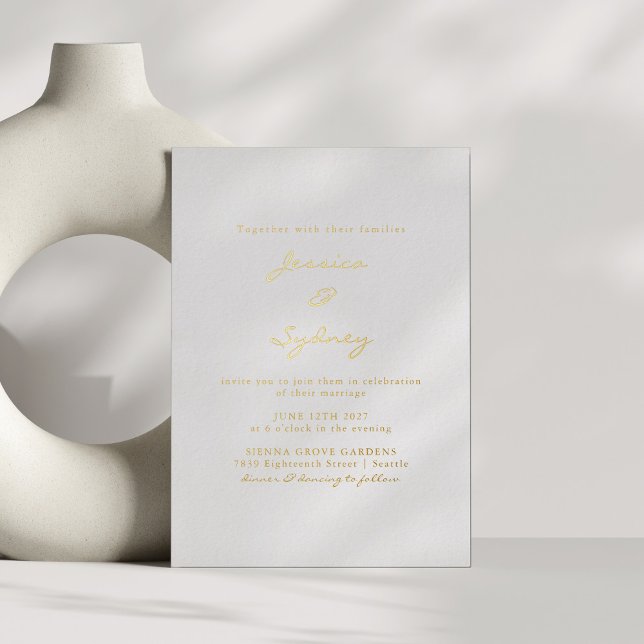 Invitation En Aluminium Mariage de script moderne minimaliste blanc et or (Créateur téléchargé)