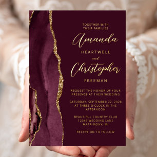 Invitation En Aluminium Mariage de script or Agate Burgundy