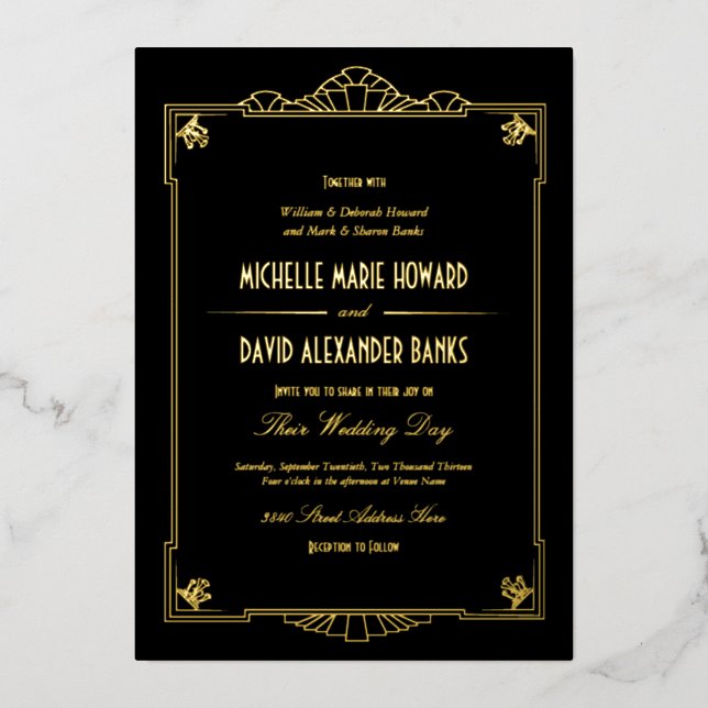 Invitation En Aluminium Mariage de style Art déco or (Recto)