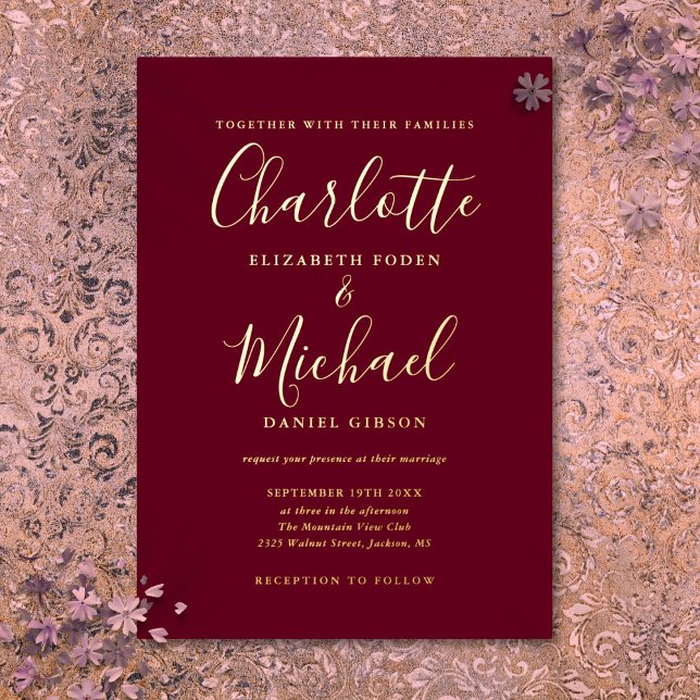 Invitation En Aluminium Mariage de style Signature Script Burgundy et Or (Signature Script Wedding Burgundy And Gold Foil Invitation)