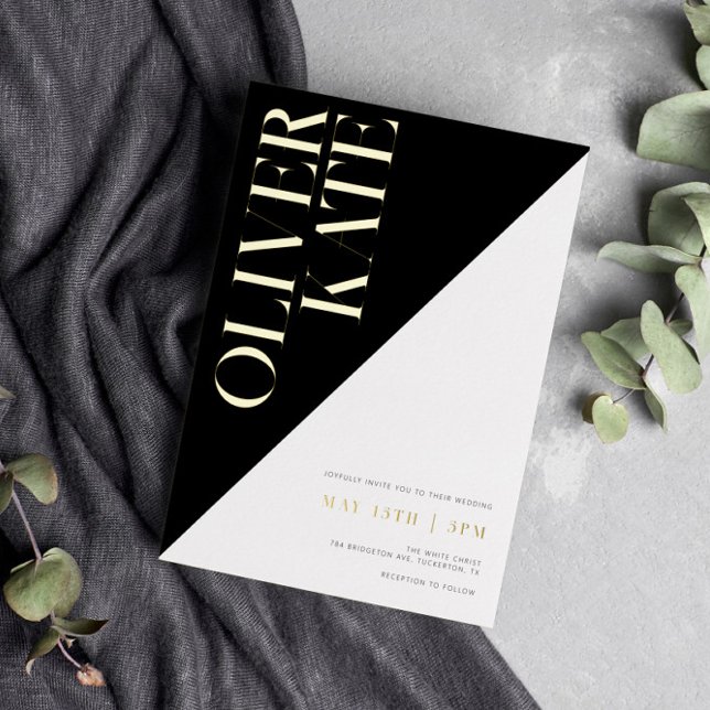 Invitation En Aluminium Mariage de typographie moderne Black & Gold (Créateur téléchargé)
