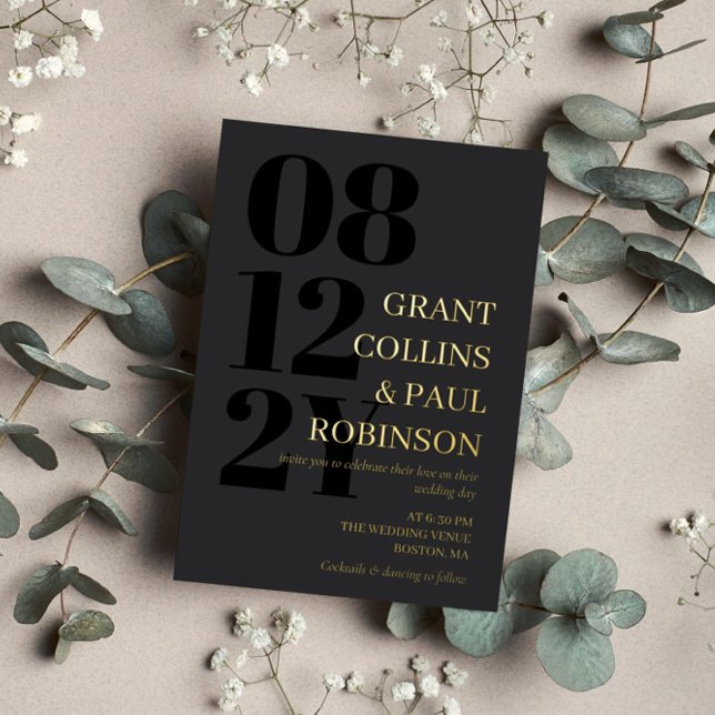 Invitation En Aluminium Mariage de typographie noir et or (Créateur téléchargé)