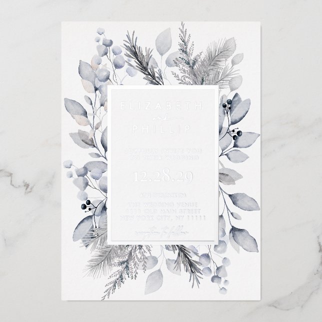 Invitation En Aluminium Mariage de vacances florales d'hiver Silver (Recto)