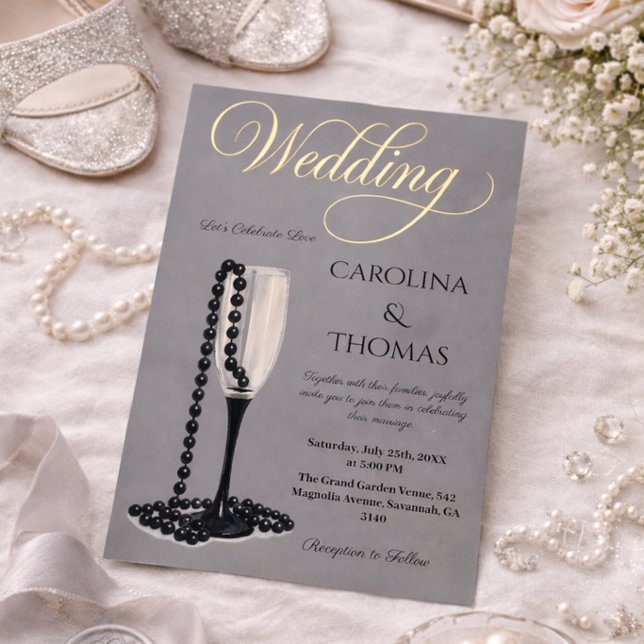 Invitation En Aluminium Mariage de verre de champagne Black & White Pearl (Créateur téléchargé)