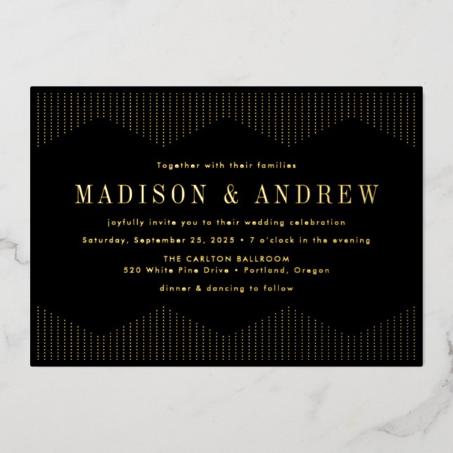 Invitation En Aluminium Mariage déco pointillé noir et or (Recto)