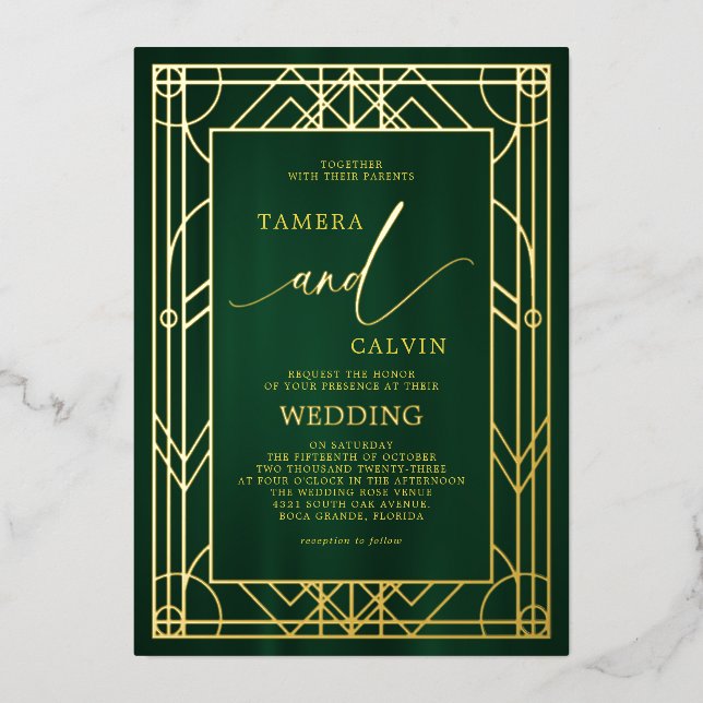 Invitation En Aluminium Mariage décoratif Emerald Elegant or (Recto)