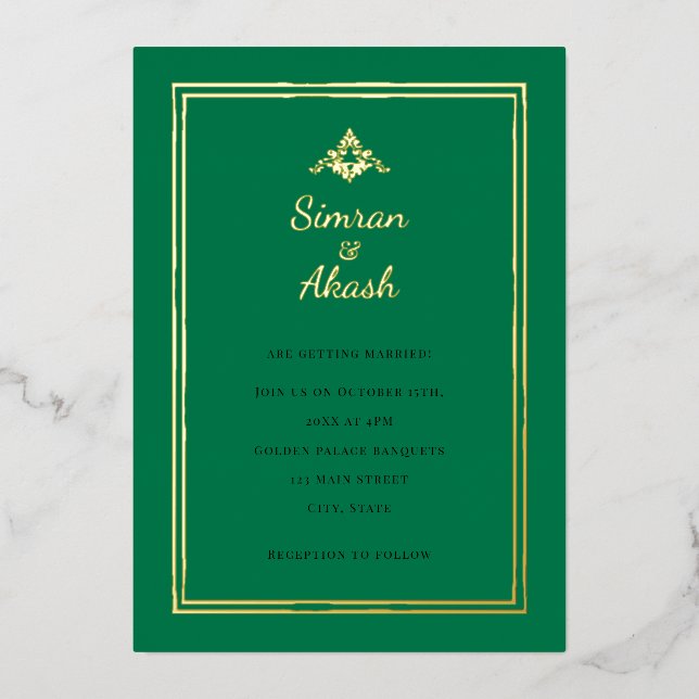 Invitation En Aluminium Mariage décoratif vert d'inspiration indienne (Recto)