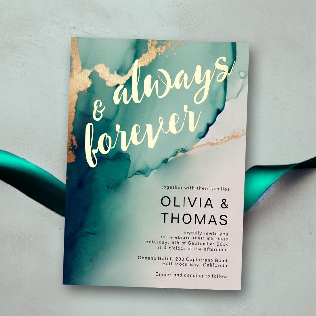 Invitation En Aluminium Mariage d'Emerald Gold Beach, toujours moderne (emerald beach wedding invitation elegant bohemian modern romantic gold waves simple always forever)