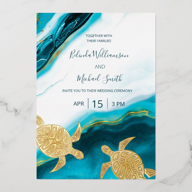 Invitation En Aluminium MARIAGE d'encre Turquoise de Tortues d'or PHOTO (Recto)