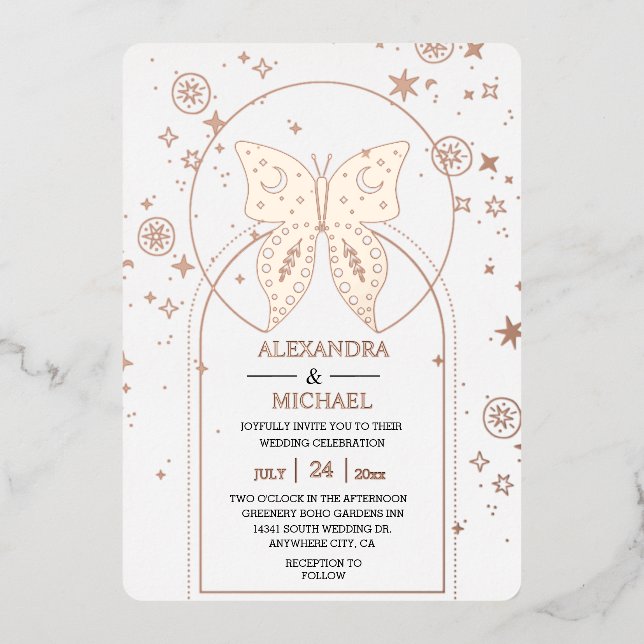 Invitation En Aluminium Mariage des étoiles célestes mystiques d'or noir (Recto)