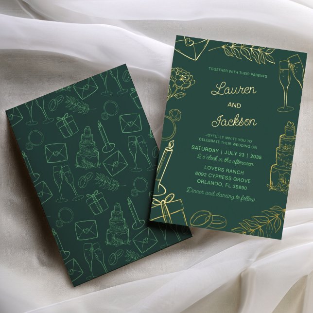 Invitation En Aluminium Mariage Dessiné à la Main Vert Moderne & Or (Créateur téléchargé)