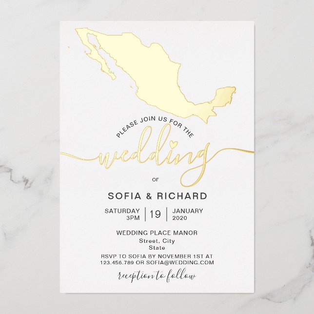 Invitation En Aluminium Mariage Destination Mexique Gold Foil Heart (Recto)