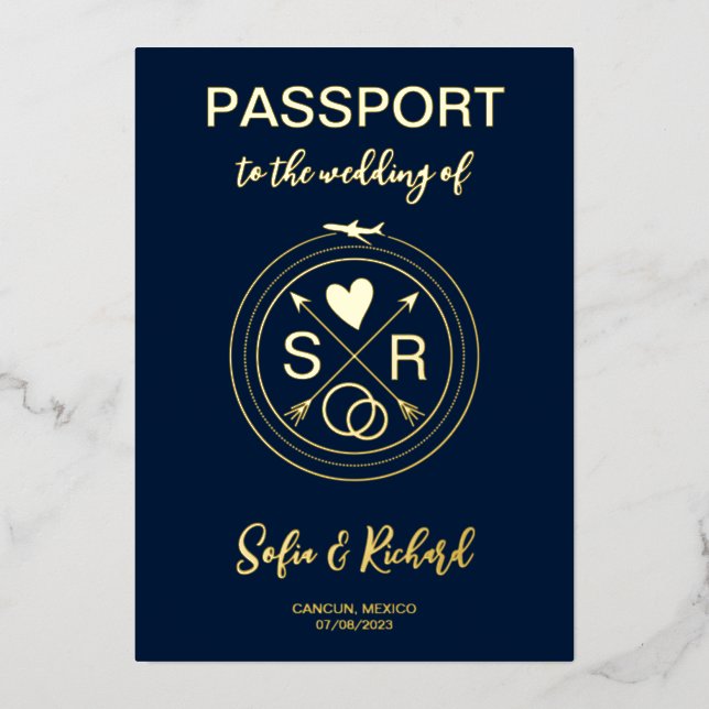 Invitation En Aluminium Mariage Destination Passport World Map Gold (Recto)