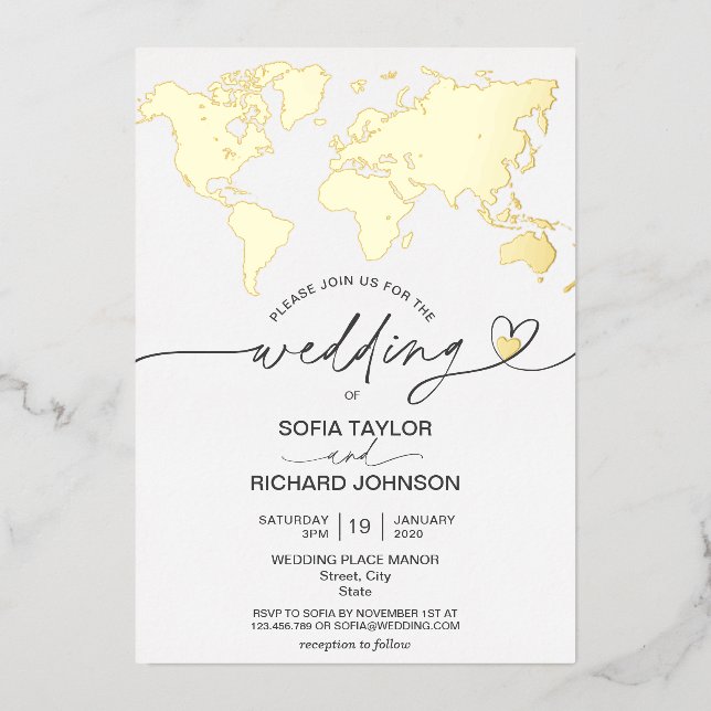 Invitation En Aluminium Mariage Destination World Map Typographie Gold Foi (Recto)