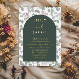 Invitation En Aluminium Mariage d'eucalyptus moderne vert foncé et or