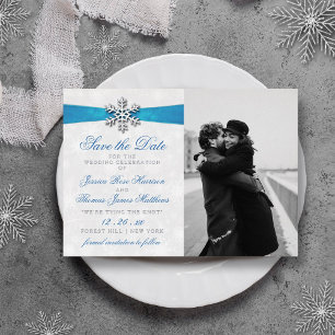 Invitation En Aluminium Mariage d'hiver Diamante Snowflake & Ruban Bleu