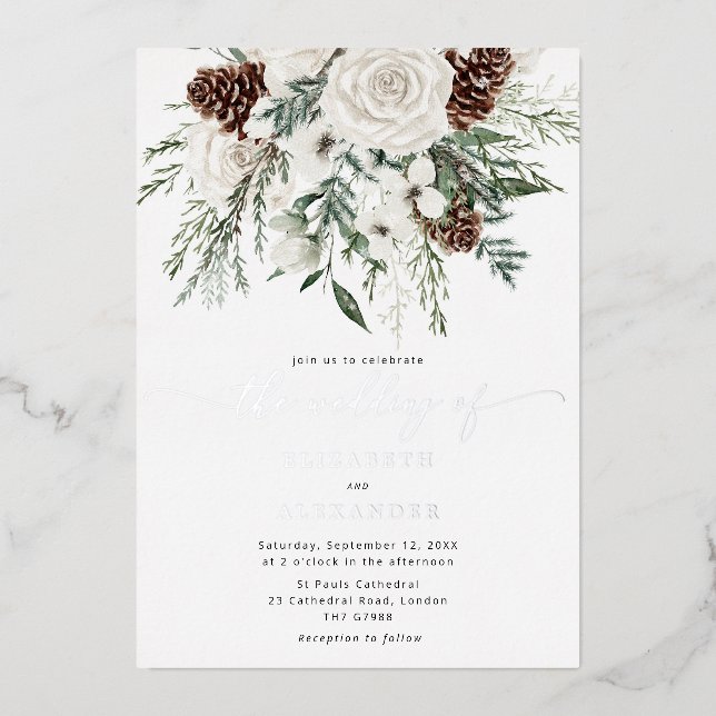 Invitation En Aluminium Mariage d'hiver élégant et persistant Argent (Recto)