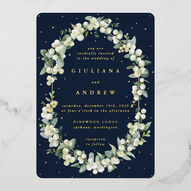 Invitation En Aluminium Mariage d'hiver Navy foncé Snowberry+Eucalyptus (Recto)