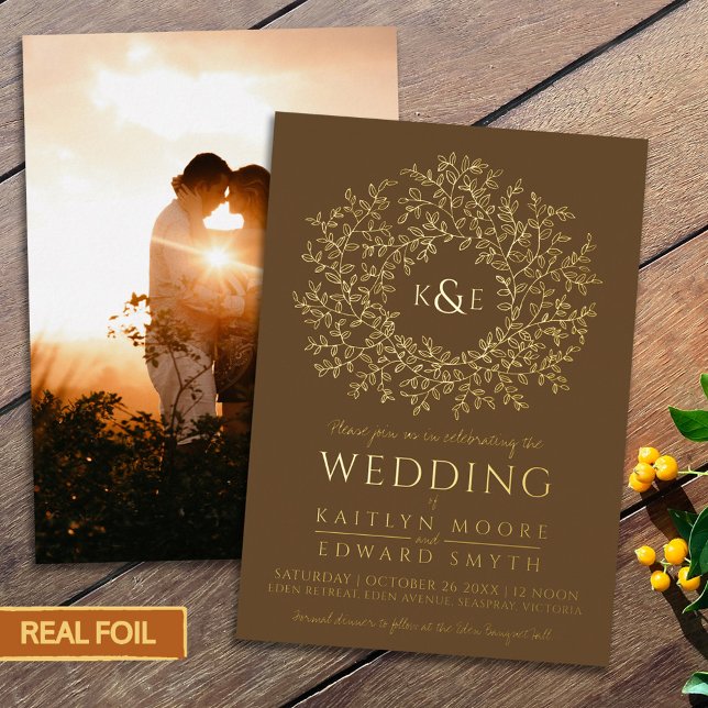 Invitation En Aluminium mariage d'or d'art feuille Brown dessinée à la mai (Créateur téléchargé)